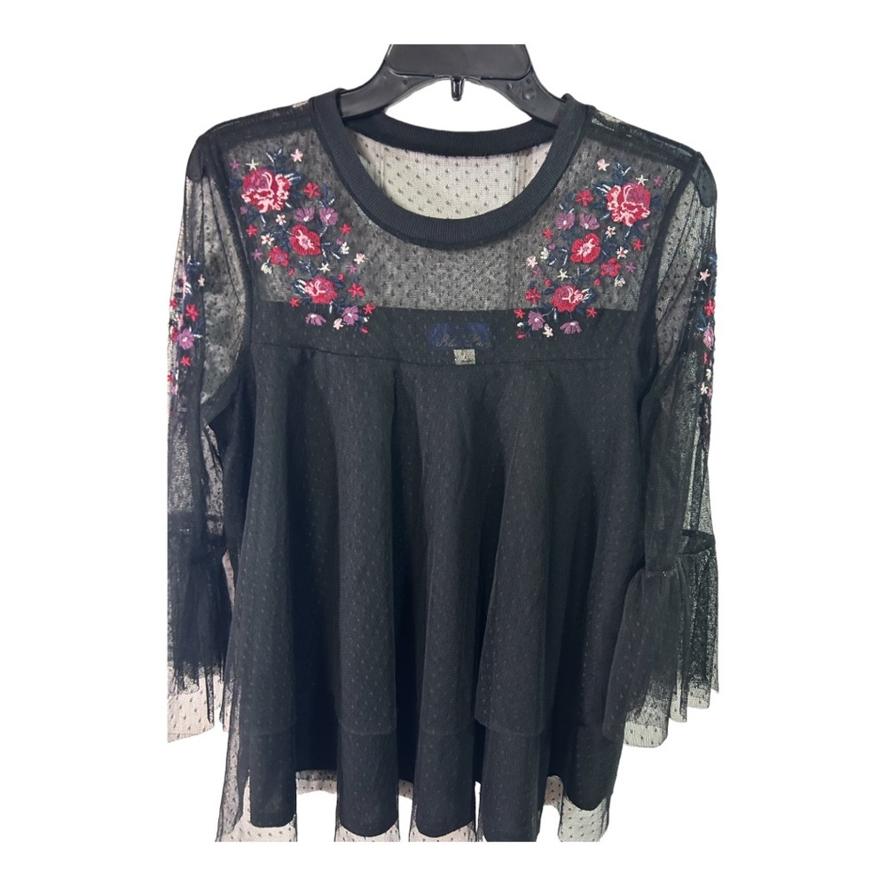 Blue Rain Blouse Black Floral Embroidered  Three-quarter  Sleeve Sz Large N502